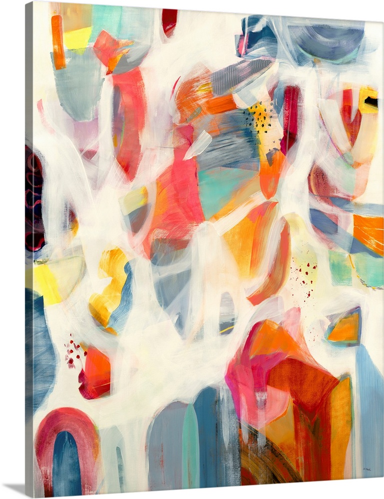 A bright, lively, feminine, contemporary abstract in pinks, oranges and teal shades interspersed with white