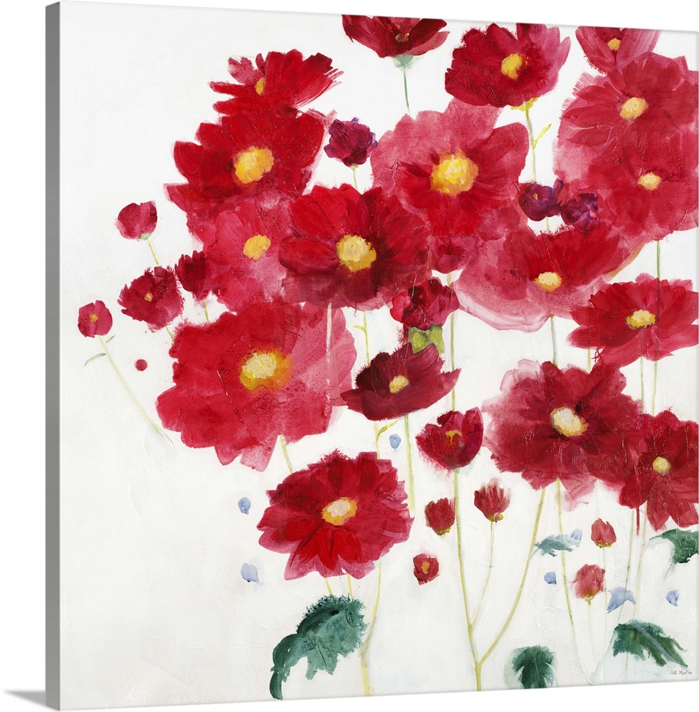 A contemporary painting of vibrant red flowers against a white background.