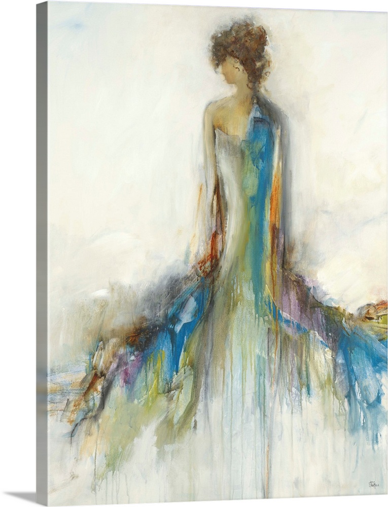 Abstract portrait of the back of a woman with a long, colorful, flowing dress with the hues dripping to the bottom of the ...
