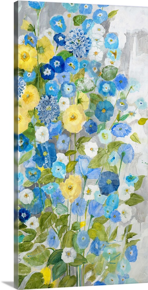 A contemporary of blue and yellow flowers.