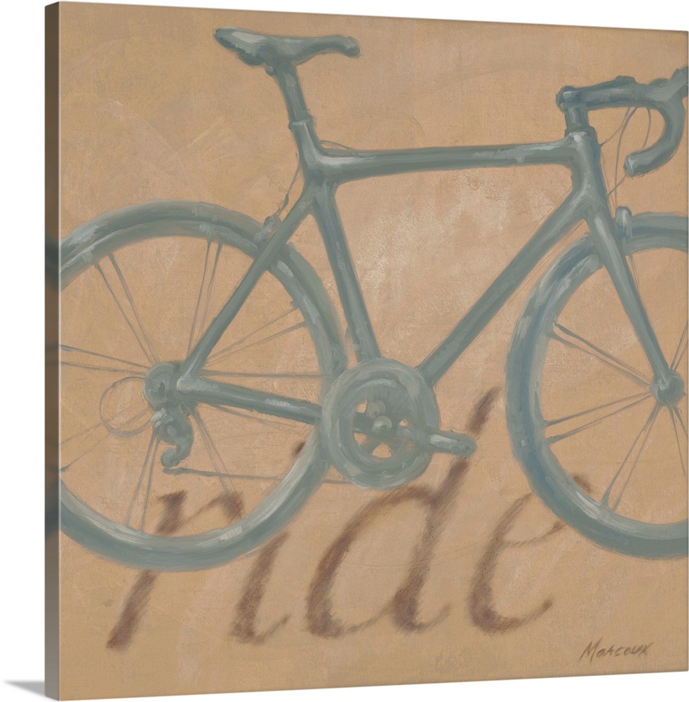 Up-close painting of bicycle with the text "ride" in the background.