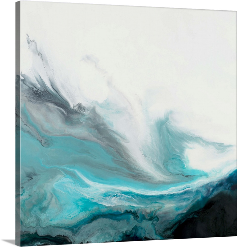 Square abstract art with shades of blue marbling together with black and gray hues on a white background.