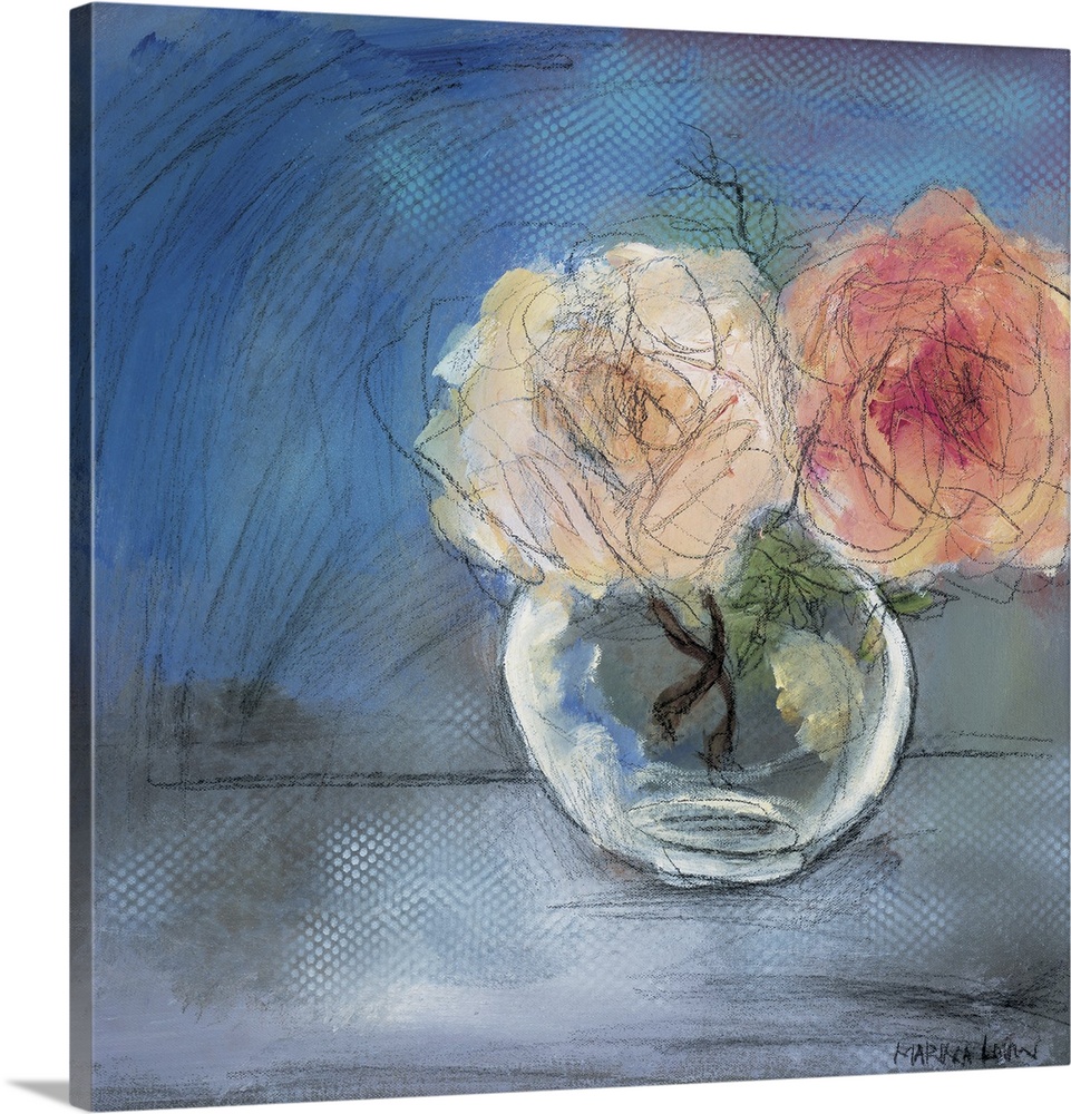 Contemporary painting of a small glass vase holding pink flowers.