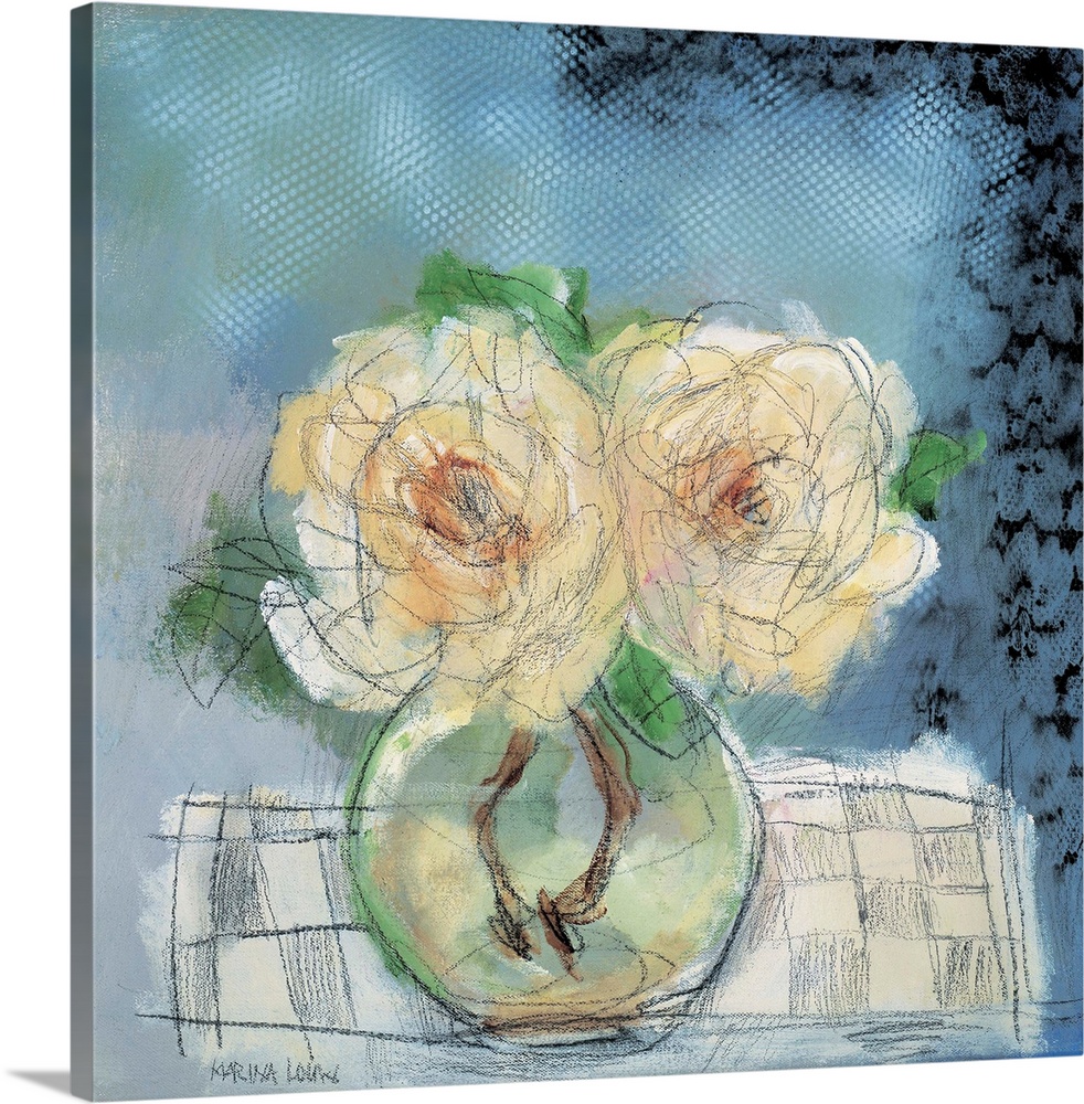 Contemporary painting of a small glass vase holding white flowers.