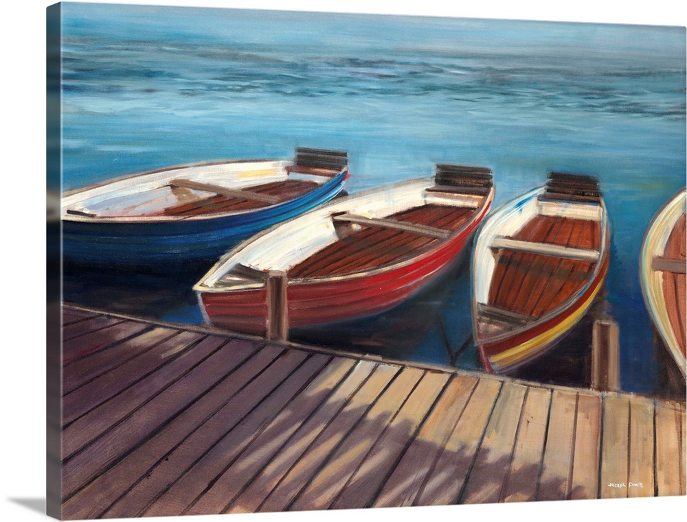 Contemporary painting of wooden row boats lined up behind a wooden dock.