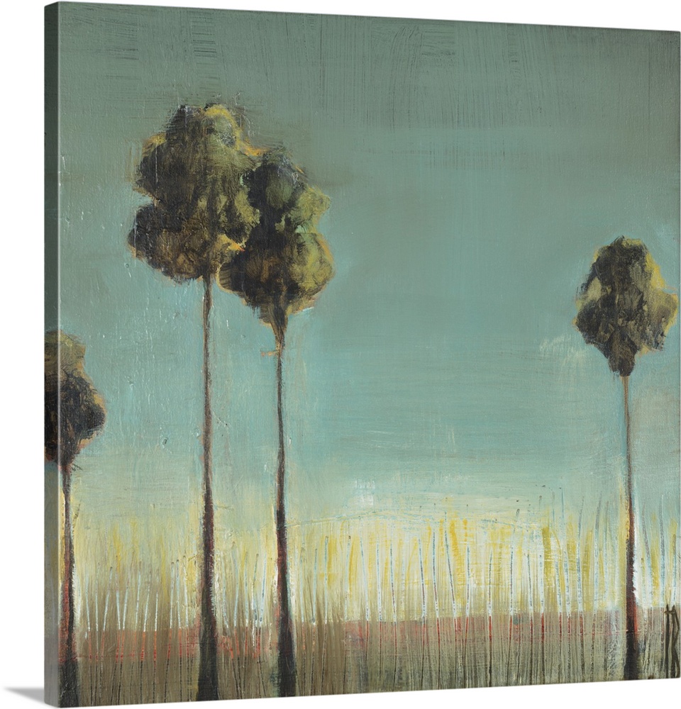 A contemporary painting of two tall thin palm trees standing against a sea blue background.