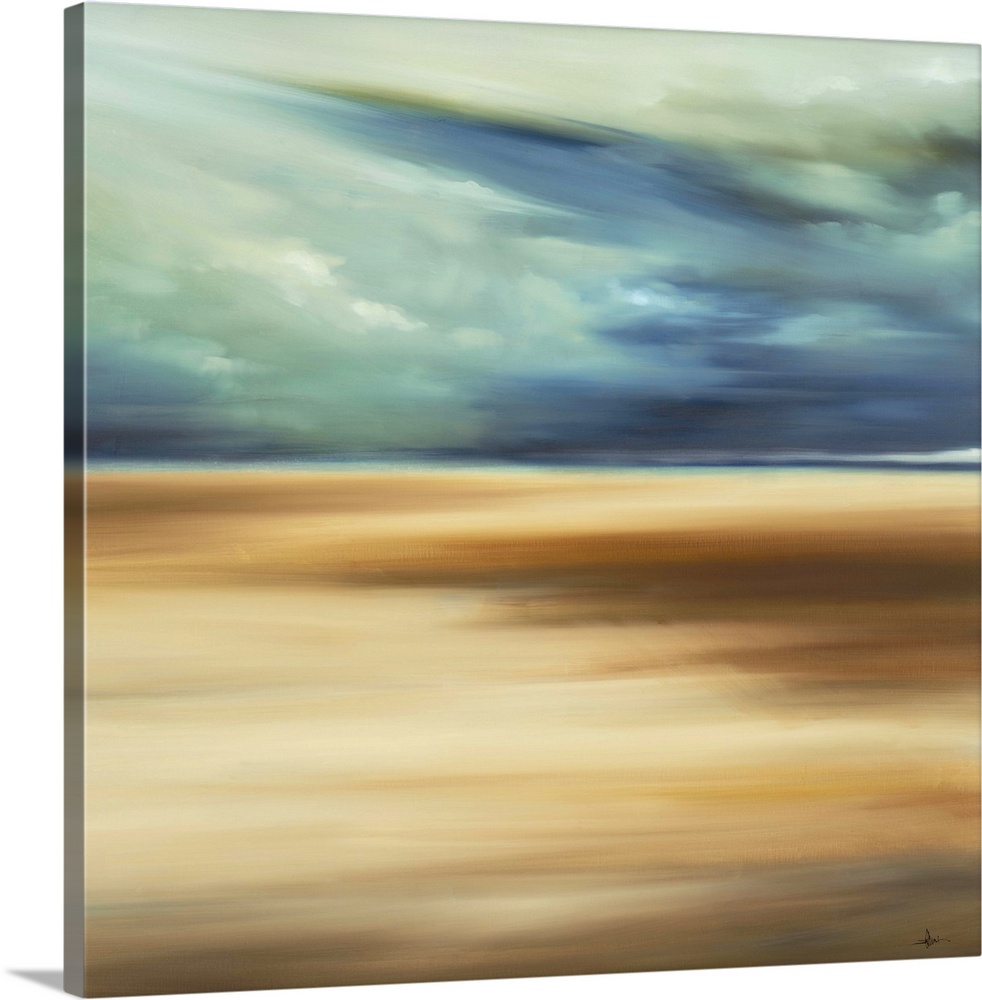 Contemporary abstract painting depicting a sandy beach with the ocean in the distance under a cloudy sky.