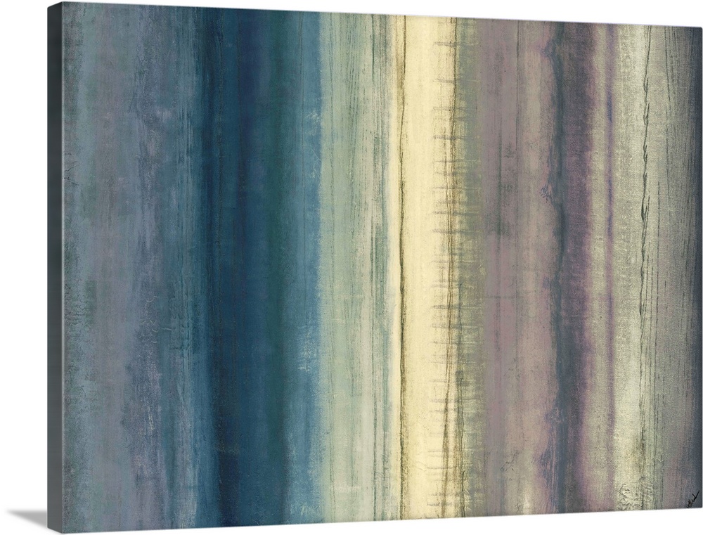 Contemporary abstract painting of muted colors layered in a gradient that goes from left to right with a grungy texture to...