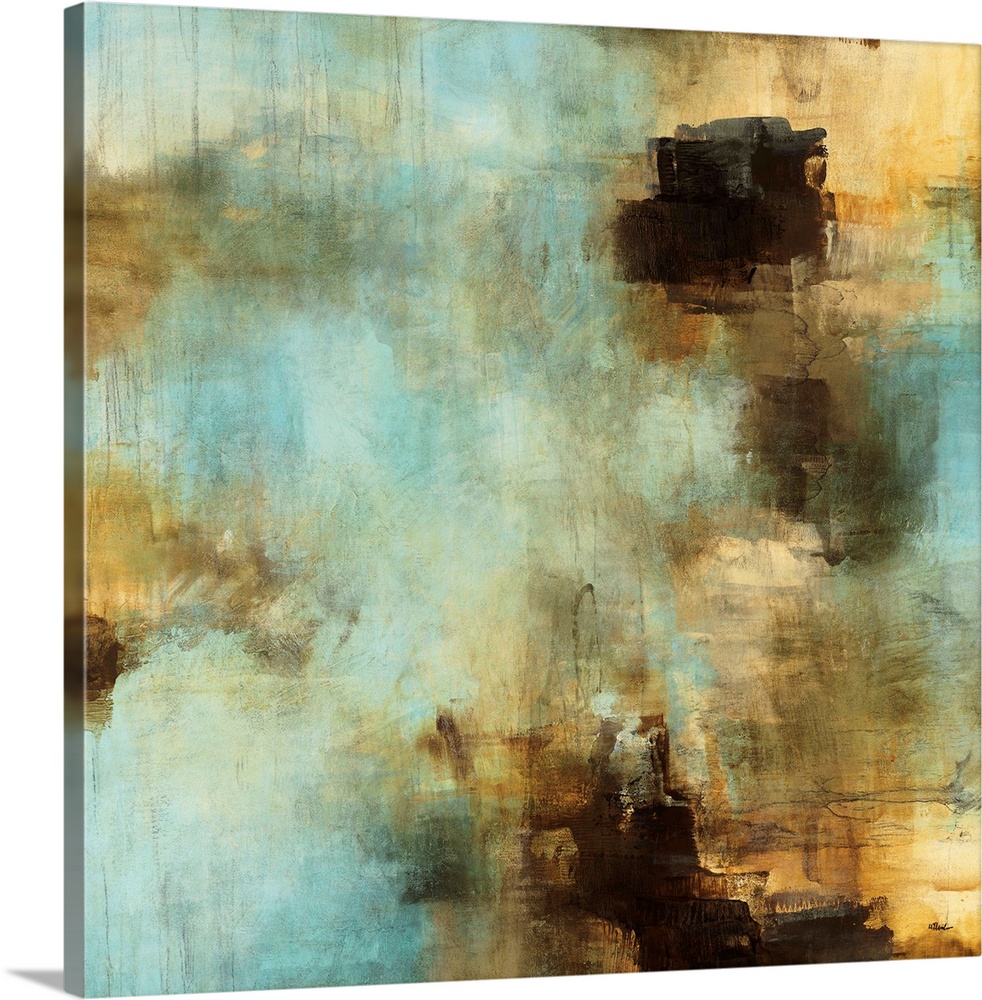 Teal and gold contemporary abstract painting.