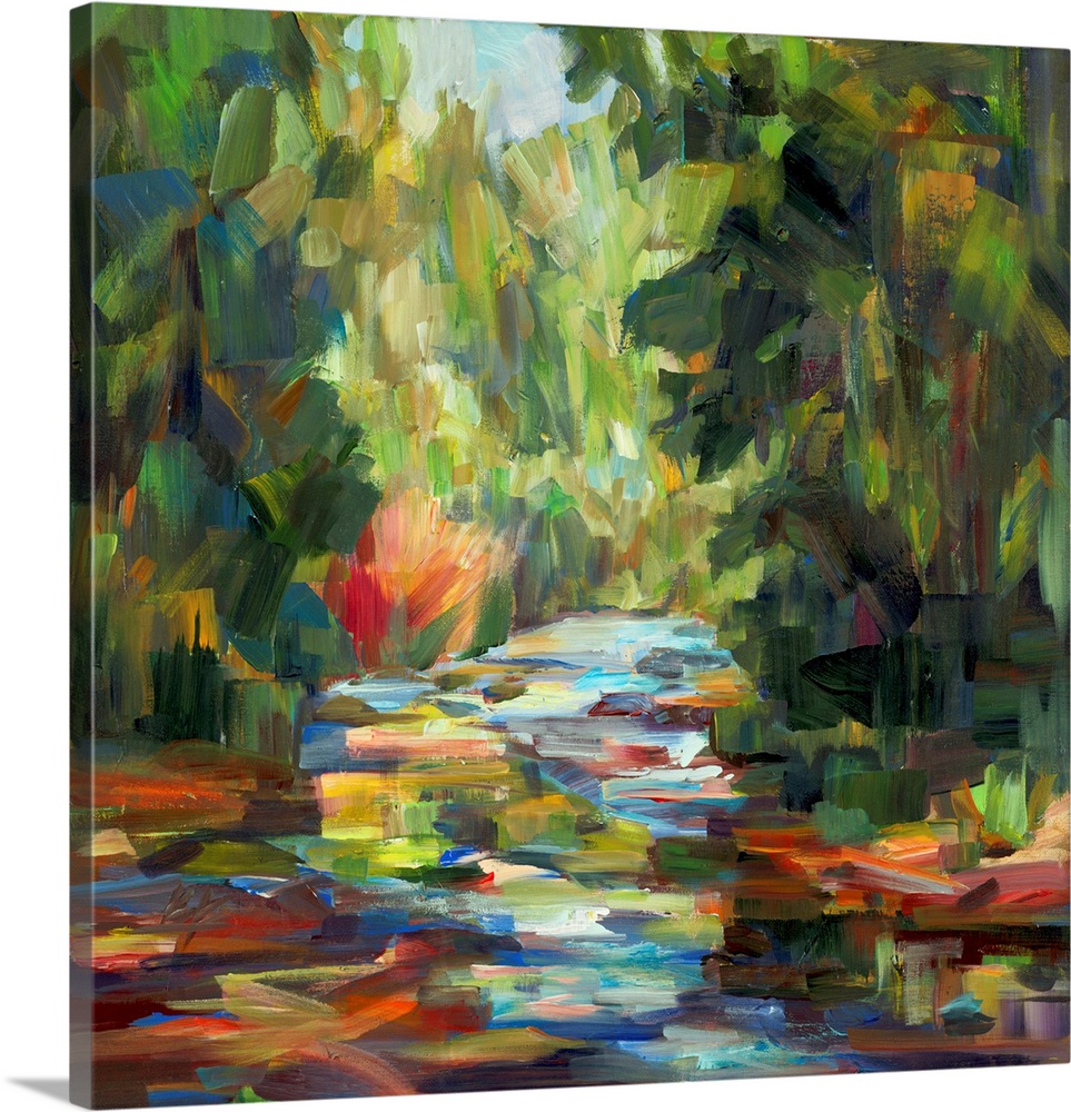 A bold contemporary landscape painting with bold, blocky brushstrokes resembling a river flowing between tall trees