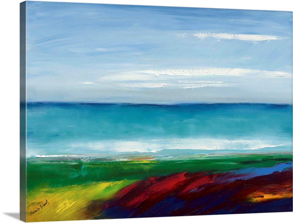 Contemporary abstract painting representing a coastal landscape with bold colors.