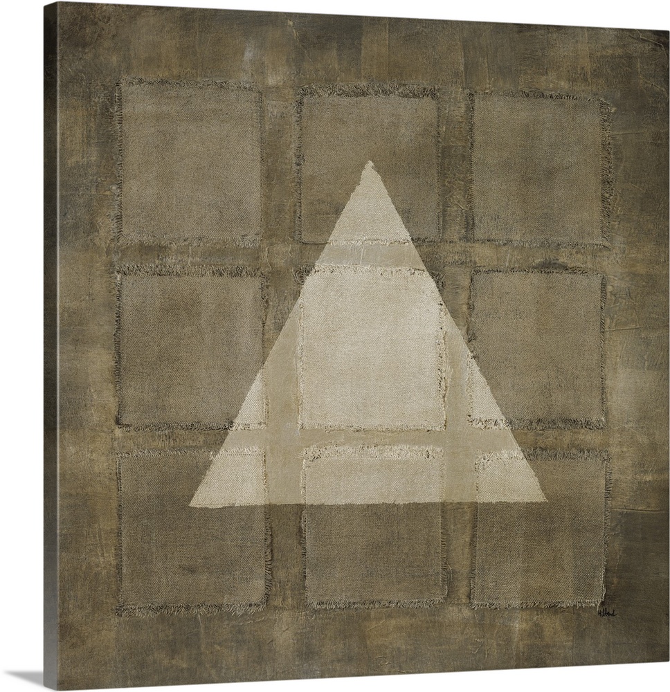 A modern painting of nine squares with a light colored triangle overlapping, all in varies shades of beige.