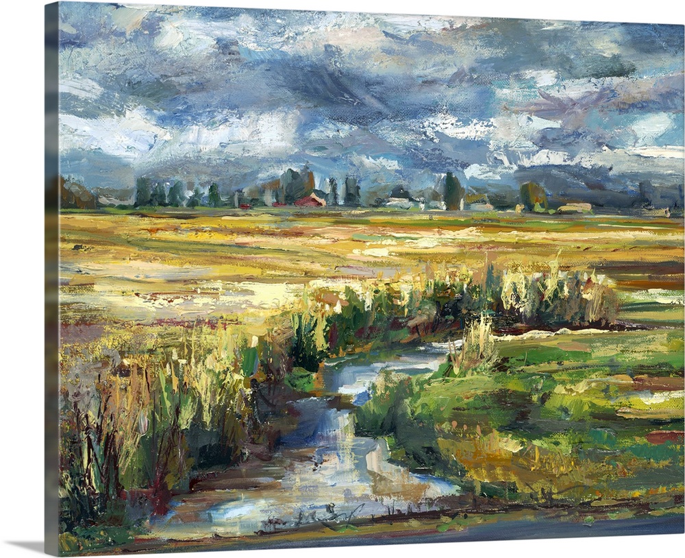 Contemporary landscape painting of a plains with a creek running through it.
