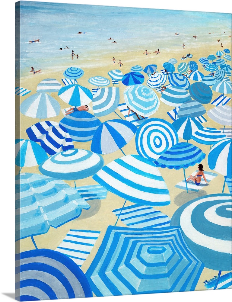 A fun and lighthearted painting of blue and white striped umbrellas on a crowded beach. Whimsical and contemporary, this w...