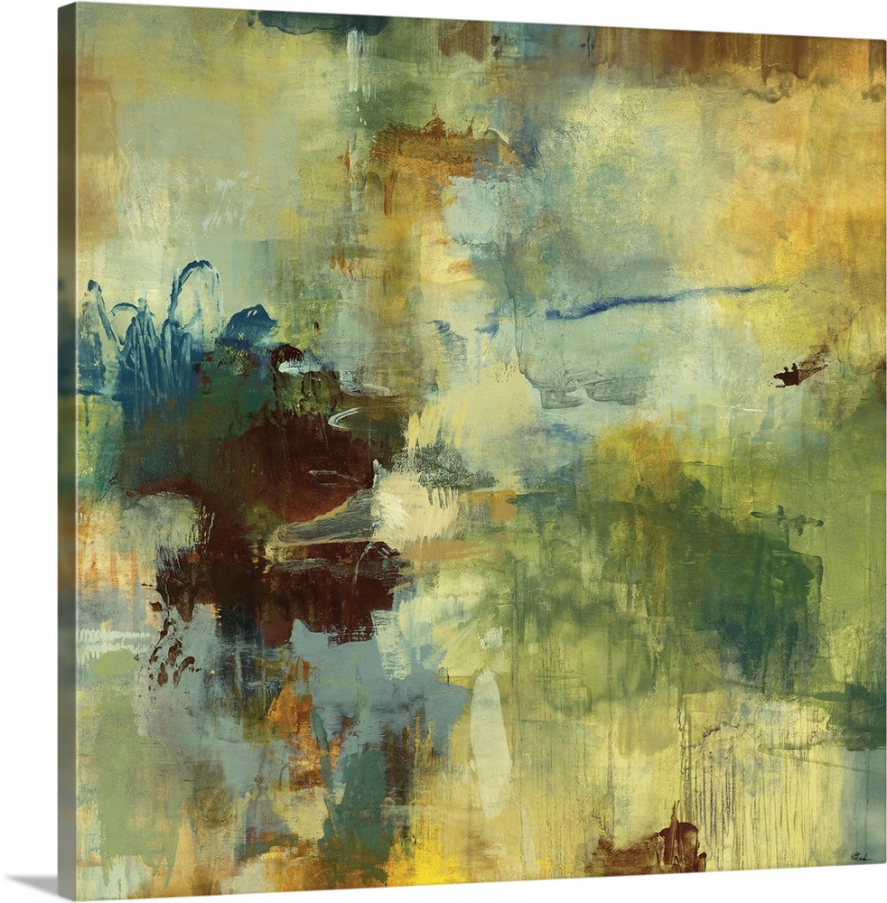 Abstract art piece with splashes of muted paint colors and paint drips running down the art.