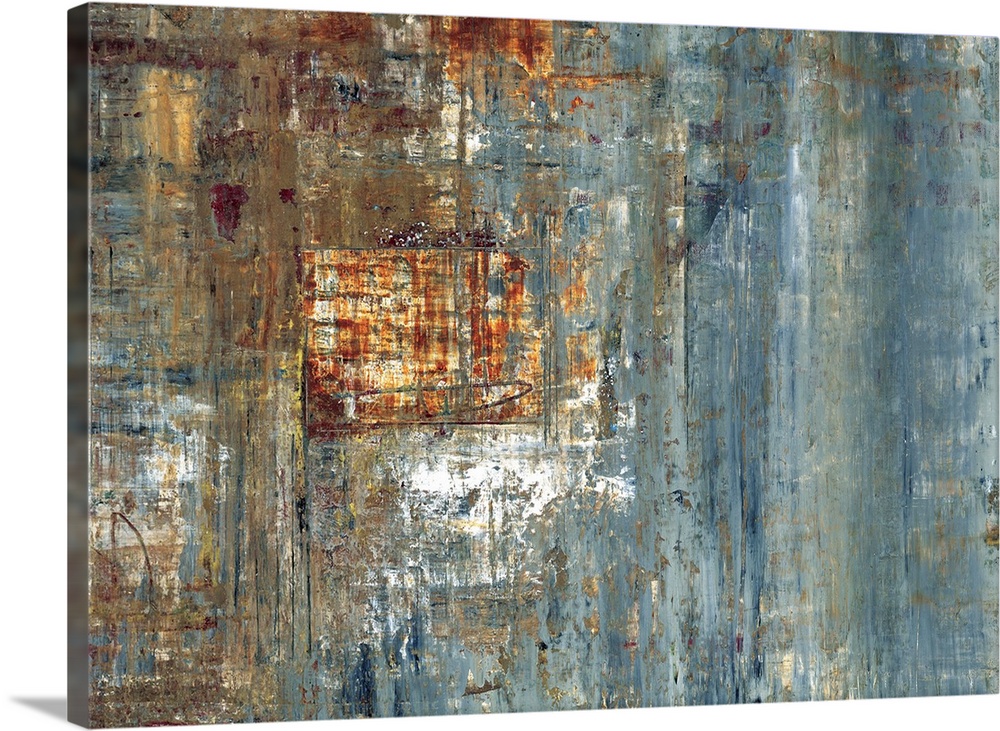 Contemporary abstract painting using a variety of earth tones and cool tones with textures to create depth.