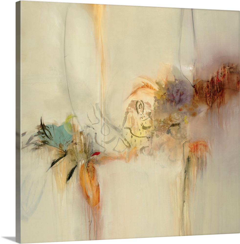 This contemporary, abstract painting is a square shaped decorative accent for a home or office. The painting has a serene ...