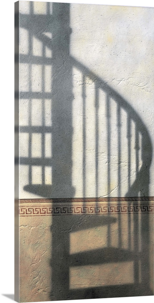 Contemporary painting of a spiral staircase casting a shadow on a wall.