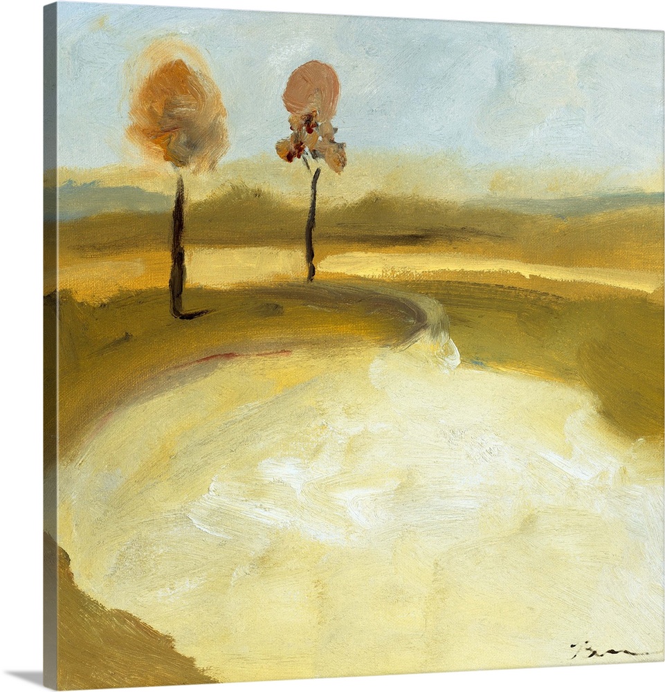 Contemporary landscape painting using light brown earthy tones with two slender trees standing together in the distance.