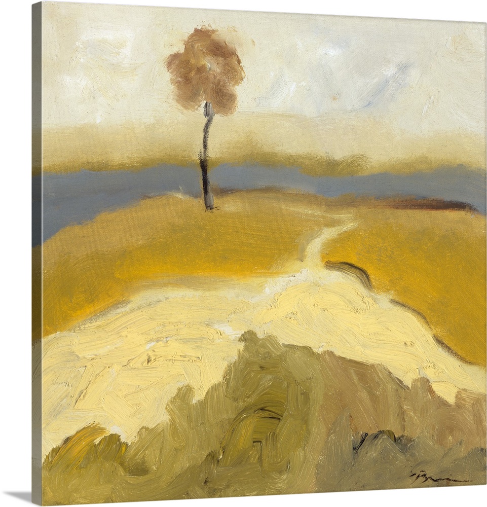 Contemporary landscape painting using light brown earthy tones with a slender tree standing lone in the distance.