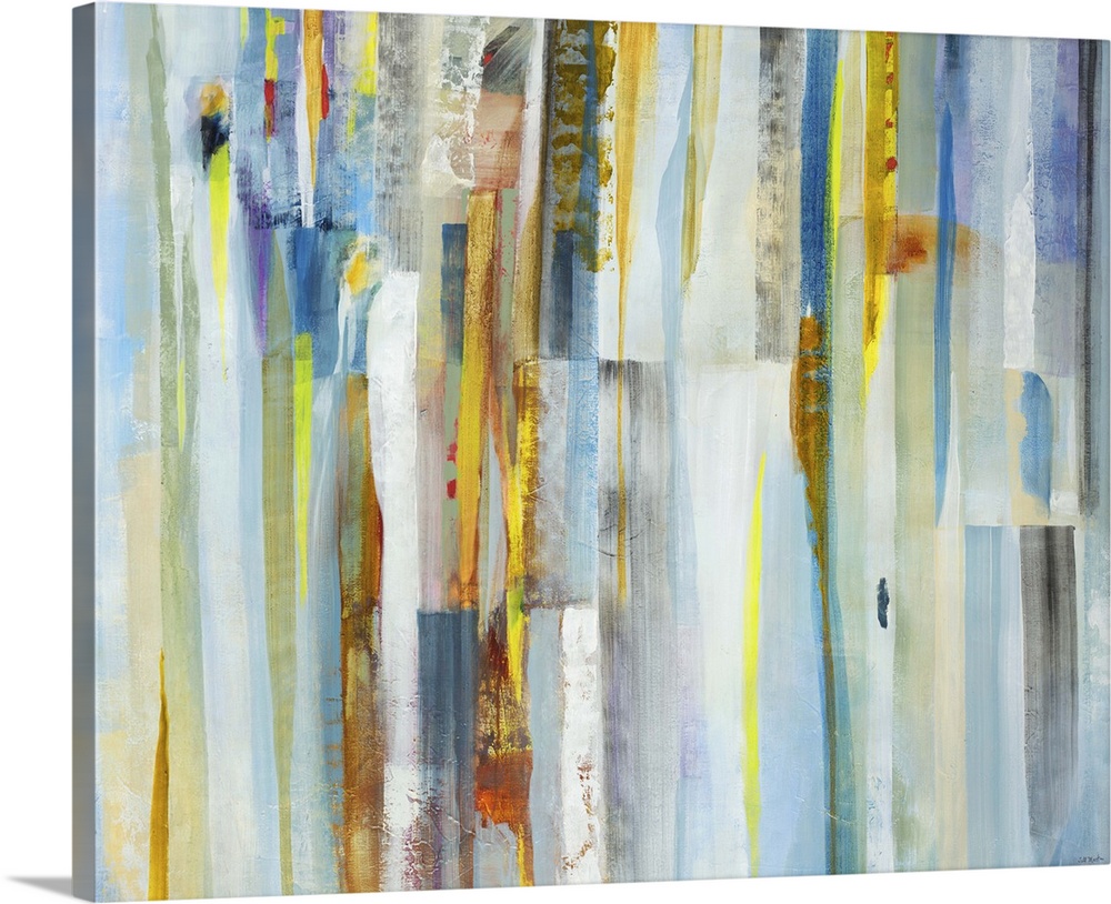 Contemporary abstract painting of vertical multi-colored lines in pale tones.