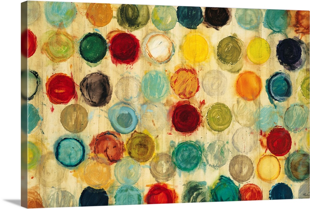 Abstract artwork of a collection of multicolored circles, all of the same size, arranged in semi-neat rows.