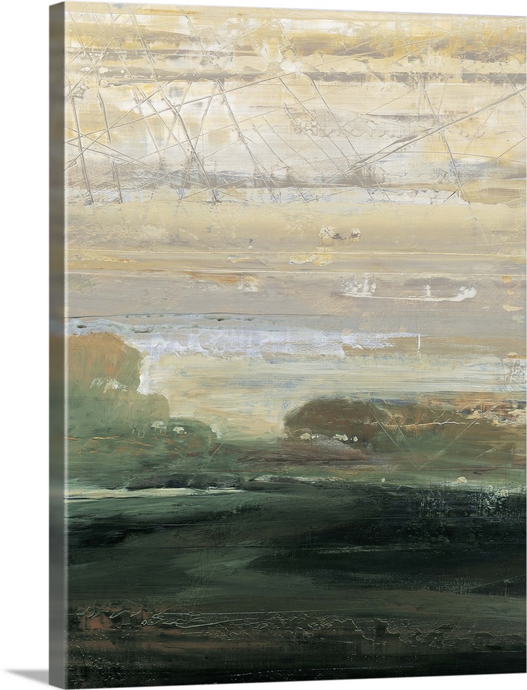Contemporary abstract painting resembling a foggy landscape with a line of trees in the distance.