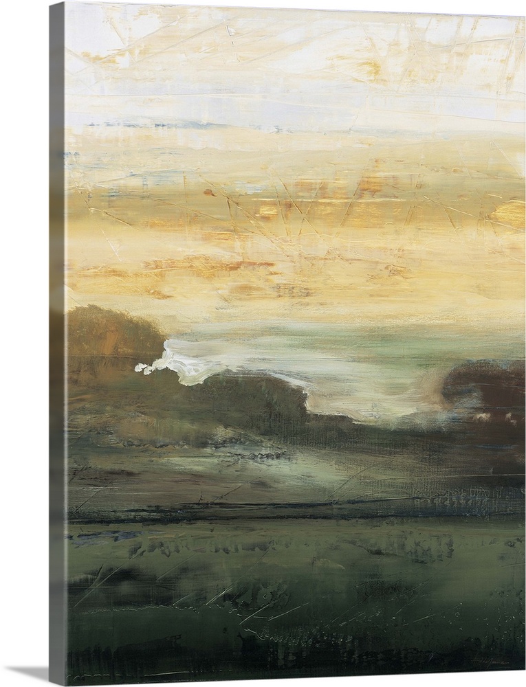 Contemporary abstract painting resembling a foggy landscape with a line of trees in the distance.