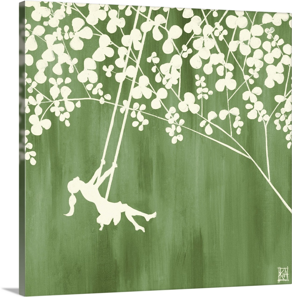 This square decorative accent is an illustration of a silhouetted girl on a swing suspended from a stylized tree  on a dry...