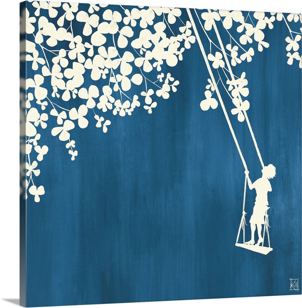 Square canvas art of the silhouettes of a plant with various leaves or petals and a boy standing on a swing looking upward...