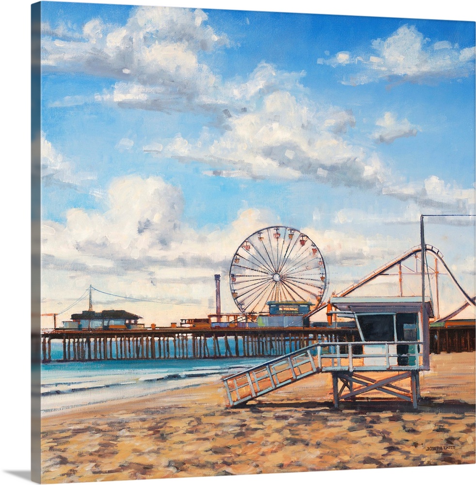 Contemporary painting of a beach with an amusement park on the boardwalk out to the ocean.