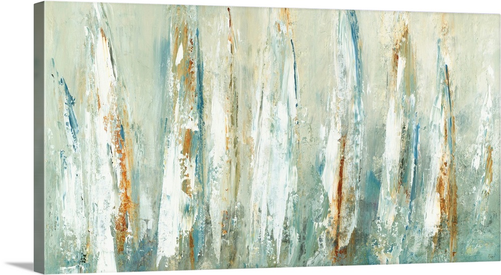 Contemporary painting of abstract sailboat sails in shades of blue, brown, green, white, and yellow.