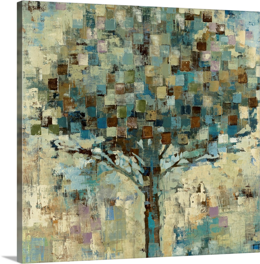 Big contemporary art shows a large tree that is represented with earthy tones.  Artist uses an abundance of squares and re...
