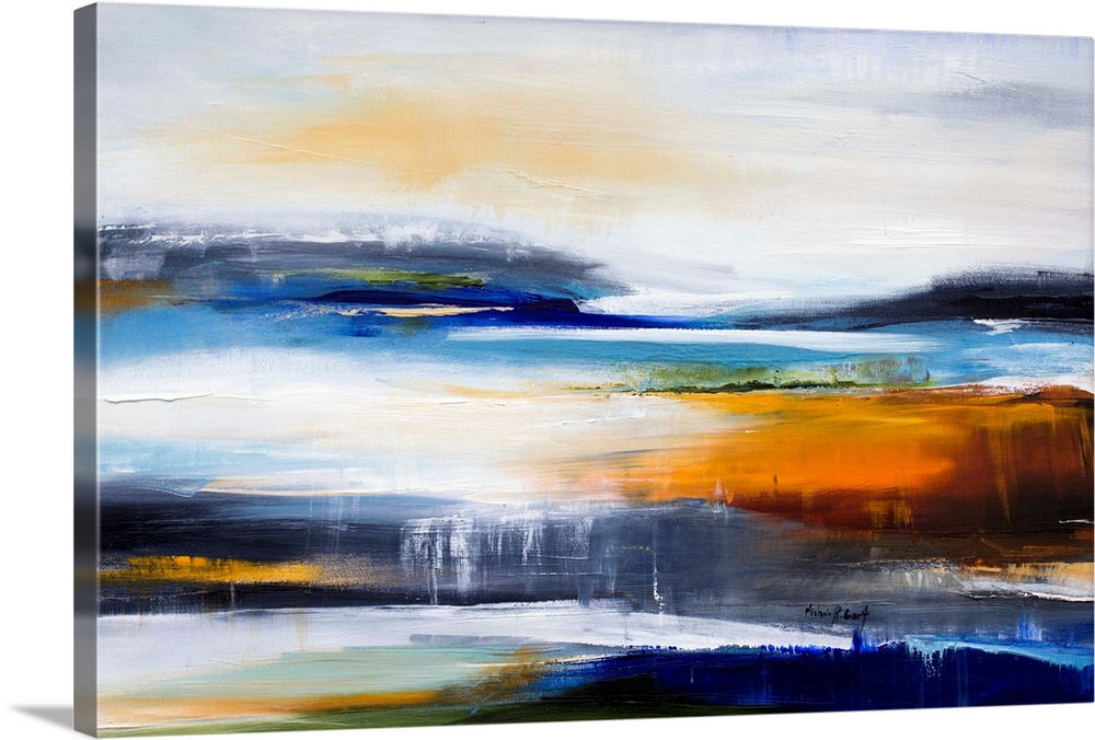Contemporary painting of an abstract interpretation of a sunset at a lake.