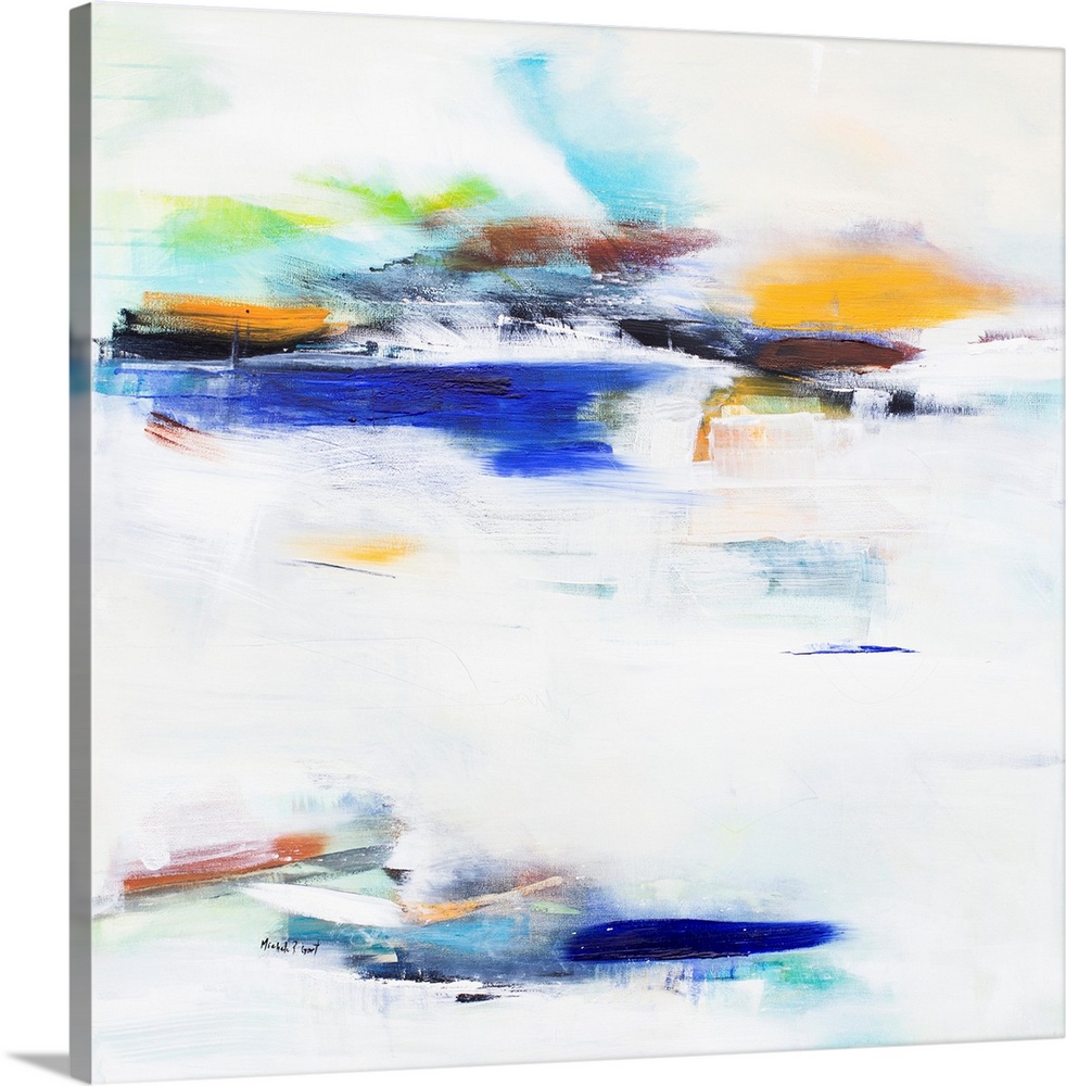 Contemporary painting of an abstract interpretation of a sunset at a lake on a square canvas.