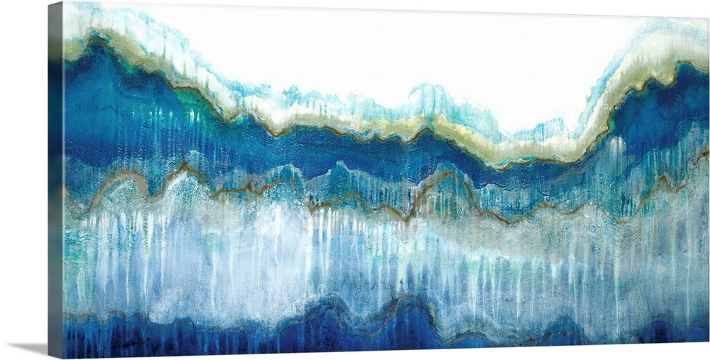 Large abstract painting in shades of blue, green, brown, and gray representing a large wave.