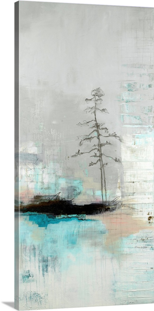 A light toned, contemporary painting featuring a lone tree on an island, in a very abstracted form