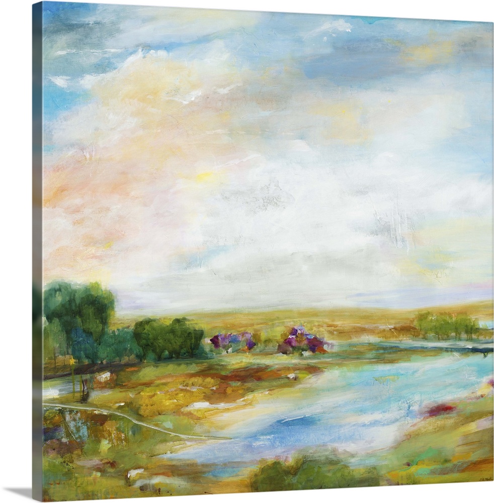 Contemporary landscape painting looking out over a countryside pond.