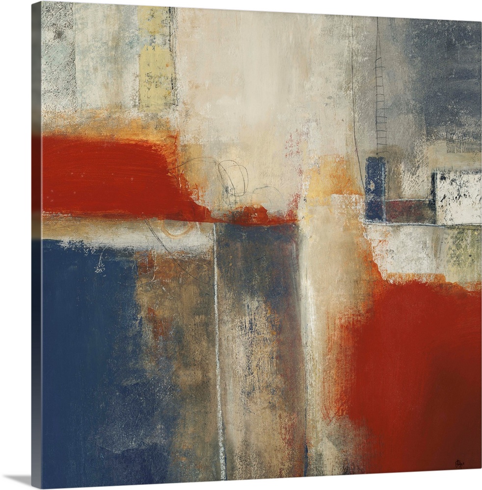 This is a square abstract painting with area areas of layered color and sanded paint textures.