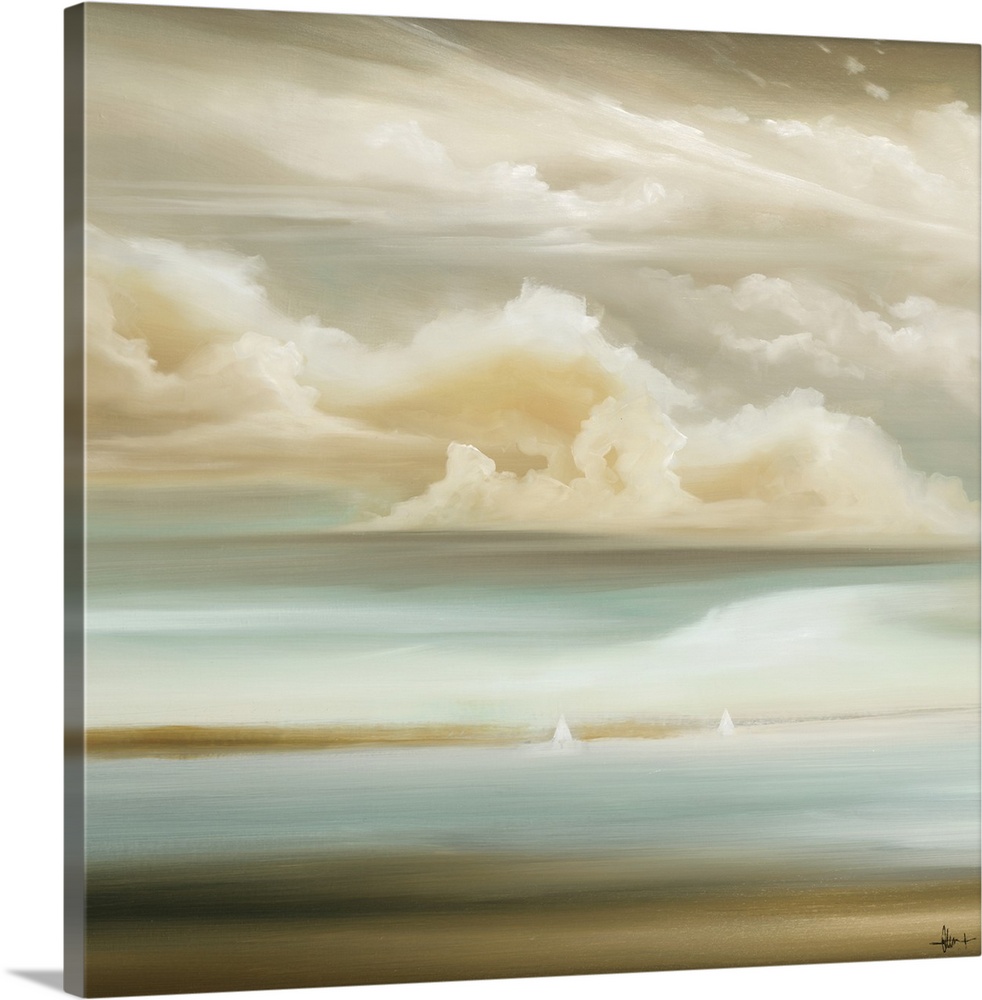 A square painting of a seascape with a cloud filled sky and small white sailboats in the distance, in soft neutral tones.