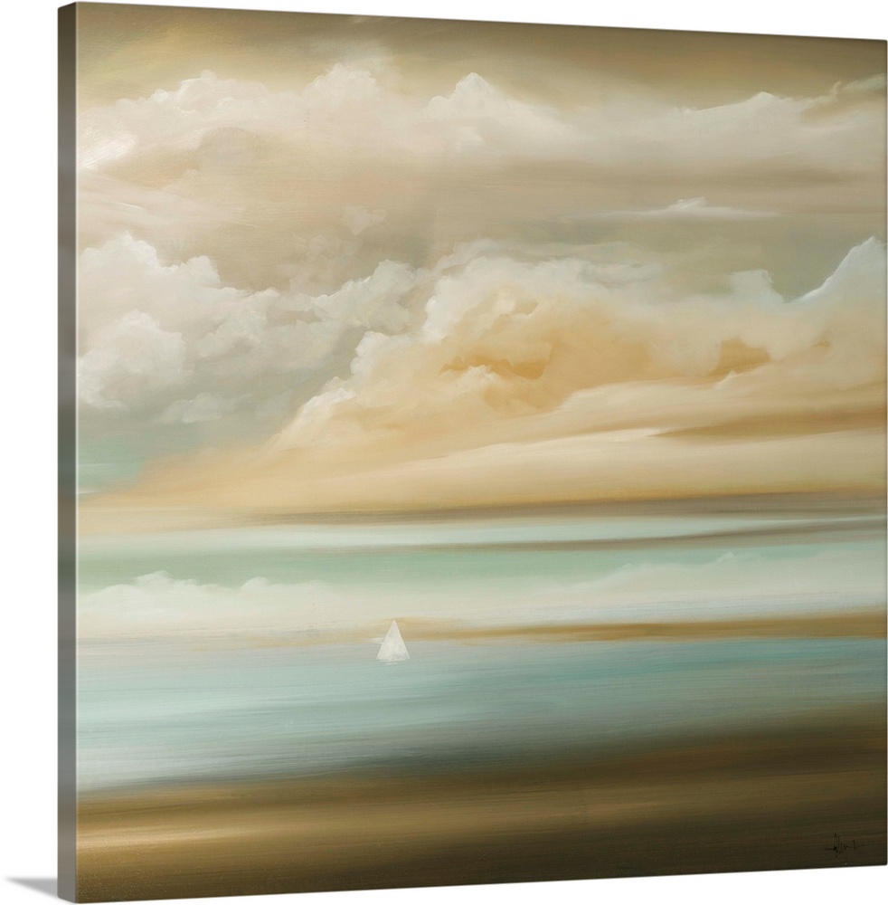 A square painting of a seascape, with a cloud filled sky and small white sailboats in the distance, in soft neutral tones.