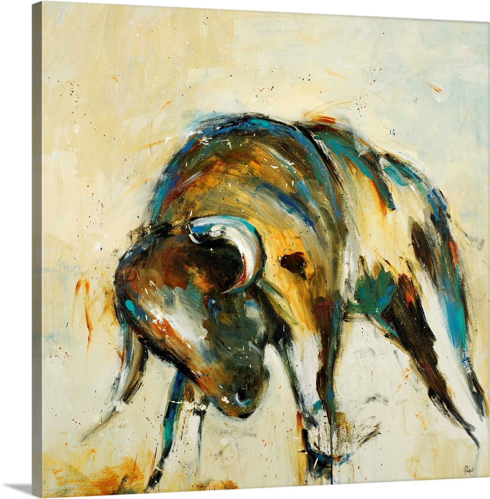 A contemporary painting of a bull lowering its head.