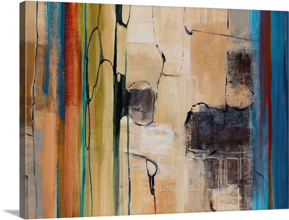Large, horizontal abstract painting of on earth tone stone wall surrounded by multi-colored, vertical streaks on either side.