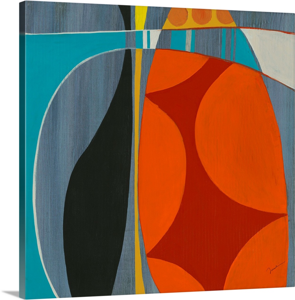 A square abstract painting of curved lines and patterned shapes in bold primary colors.