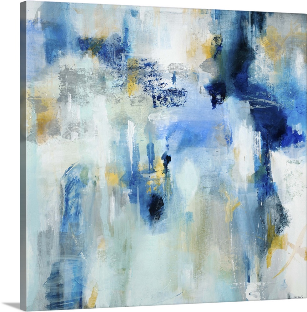 Contemporary abstract painting using dark and light blue tones.