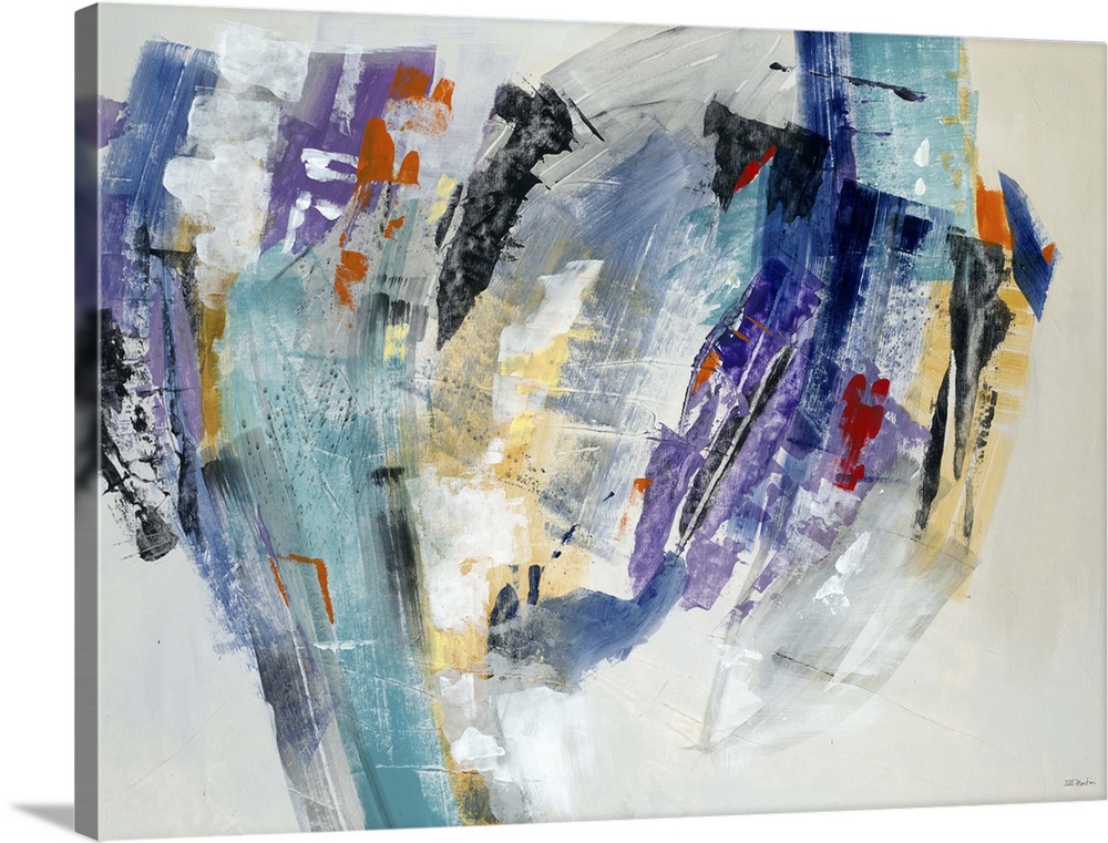 A contemporary abstract painting using harsh colors to convey a shape in motion.