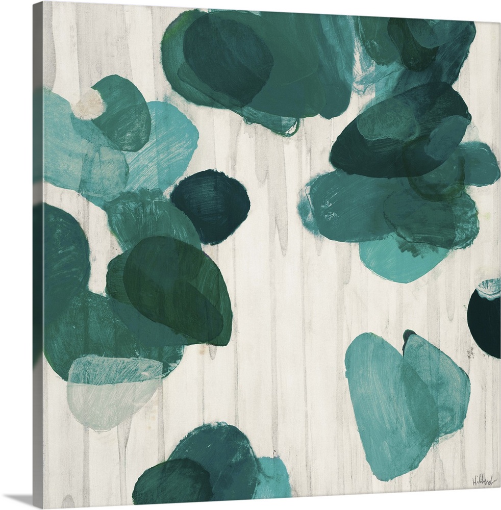 A contemporary abstract painting of teal green flake shapes against a neutral toned background.