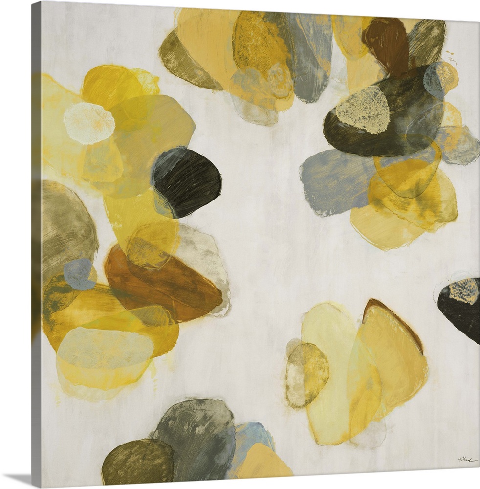 A contemporary abstract painting of golden yellow flake shapes against a neutral toned background.