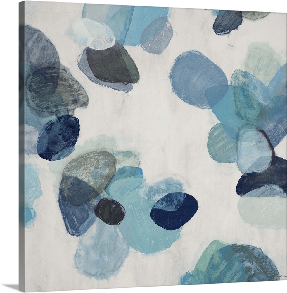 A contemporary abstract painting of blue flake shapes against a neutral toned background.
