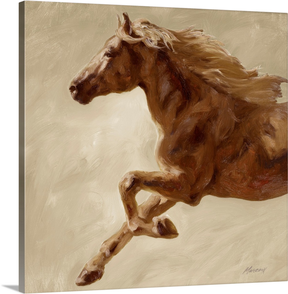 This contemporary painting is square wall art for the home or office of the front half of a horse mid gallop.